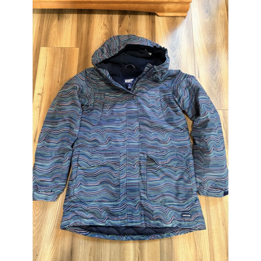 Lands End Winter Coat Parka Girls XL 14-16 Navy Blue Swirls Rainbow Fleece Lined